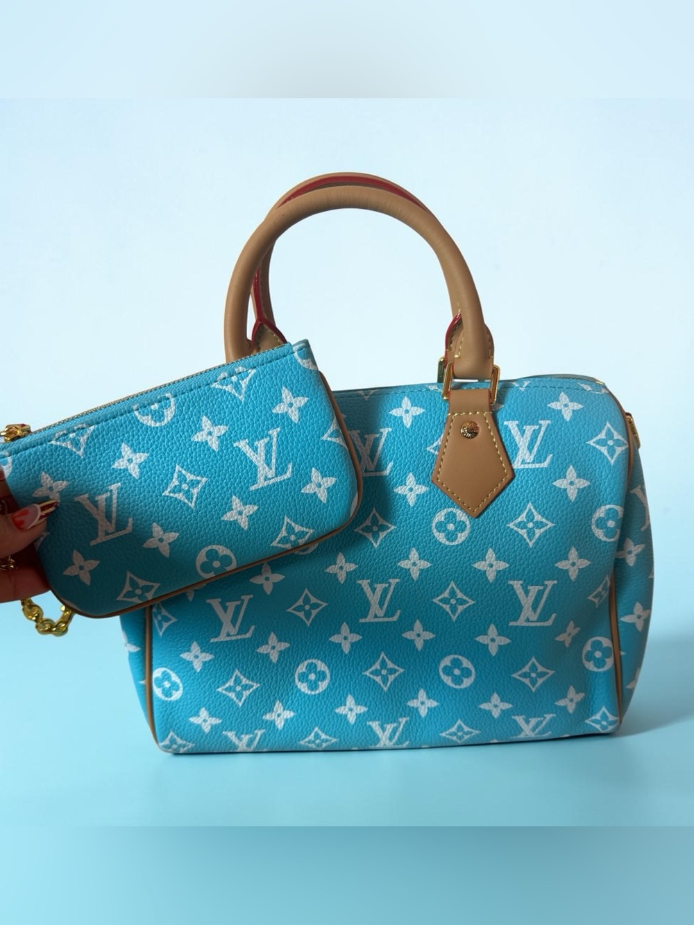 Louis Vuitton Turquoise Monogram Satchel with Pouch and Tan Trim
